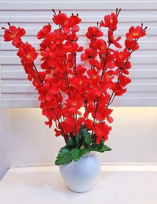 Real PBR Artificial Flowers for Decoration with Pot, Home Decor, Office Decor, Red Cherry Blossom Artificial Flower  with Pot(50 cm, Pack of 1, Flower with Basket)