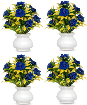 Saikara Collection Artificial Small Pot for Home Decor , Gifting, Bathroom Decor Blue Wild Flower Artificial Flower with Pot(15 inch, Pack of 1)