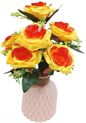 Real PBR Artificial 7 Head Roses Flower Bunch for Home Office Décor Yellow Rose Artificial Flower(26 cm, Pack of 1, Flower Bunch)