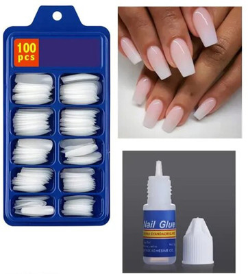 MINGXIA Artificial Nails With Nail Glue White(Pack of 100)
