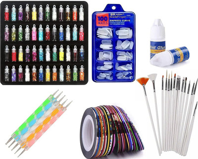 LOVHIDE Nail Art Kit Glitter Bottle, Nails, Nail Tape, Art Brush, Nail Dotting Pen, Glue(Multicolor)