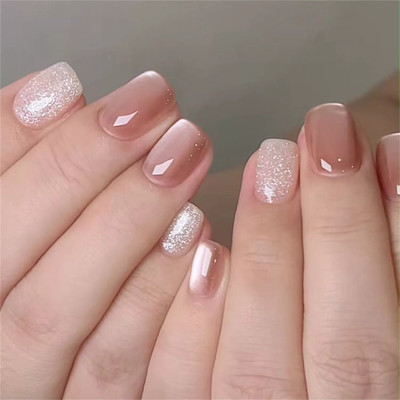 NAKHI 24 Reusable Artificial Fake Nail Set Base Peach colour with Glitter Glossy Nails Peach(Pack of 24)