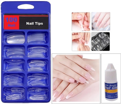 Vontam Artificial Transparent 100 Pieces Reusable Fake Nail With Nail Glue Transparent(Pack of 100)