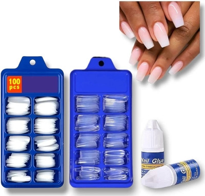 MINGXIA 100 pc White Nail, 100 pc Transparent and 2 Glue Transparent And Artificial(Pack of 200)