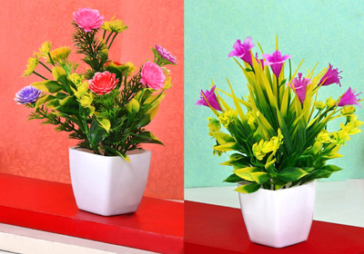 GOVIC 2 Pcs Stylish MixMini FlowerPlant Combo Set with GreenLeaf Decorate-Home|Office Bonsai Wild Artificial Plant  with Pot(17 cm, Multicolor)