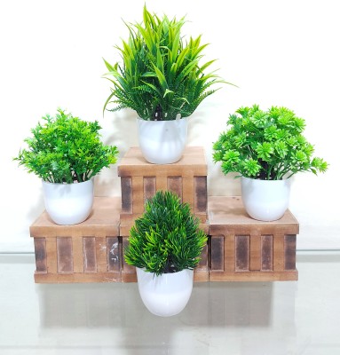 saf SET OF 4 SMALL GREEN ARTIFICIAL PLANTS WITH POT BEST FOR DECORE Bonsai Wild Artificial Plant  with Pot(15 cm, Green)