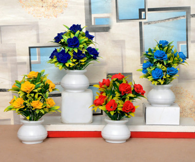 NERAPI Set of 4 Multicolored Unique Design Rose Flower Plant | Bonsai Wild Artificial Plant with Pot(17 cm, Multicolor)