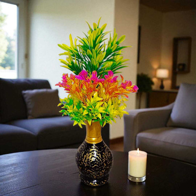 Caser CASER ENTERPRISE Artificial Bunch with Decorative Golden-Black Vase Green Wild Flower Artificial Flower  with Pot(40 cm, Pack of 1, Single Flower)