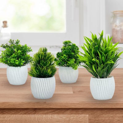 JJ Plastic Decorative Set Of 4 White for Home Decor and Gifting ! Bonsai Wild Artificial Plant  with Pot(14.5 cm, Green)