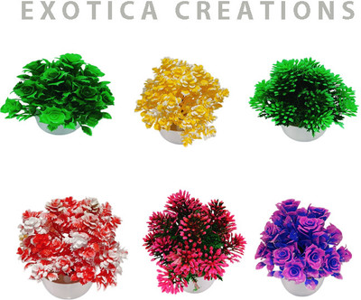 Exotica Creations Exotica Creations Small Green Rose Multi Colour Flower With Small Round Pot Multicolor Eucalyptus, Wild Flower Artificial Flower  with Pot(8 cm, Pack of 6, Flower with Basket)