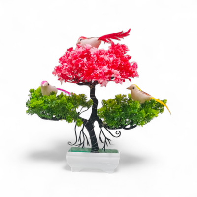DIYANK Brighten Your Space: LED Artificial Plant with Three Adorable Sparrows Bonsai Wild Artificial Plant  with Pot(29 cm, Red, Green)