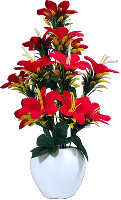 KanRaj Lily Artificial Plants for Home Decor Red Lily Artificial Flower  with Pot(8 inch, Pack of 1, Flower with Basket)