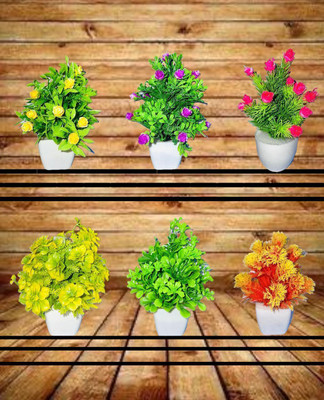 Artificial Flower Plants | Faux Flower Plant (Pack of 1) for Home Office Decor | Bonsai Wild Artificial Plant with Pot(14 cm, Multicolor)