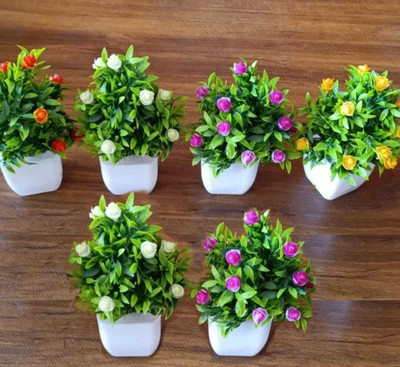 Artificial (Mehdi-Filler With Rose) Plants for Home Office Decor Bonsai Wild Artificial Plant with Pot(16 cm, Multicolor)