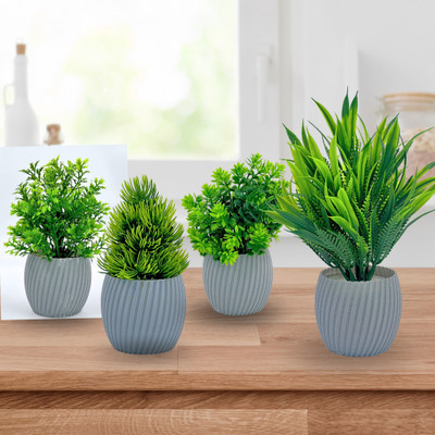 JJ Plastic Decorative Set Of 4 Grey for Home Decor and Gifting ! Bonsai Wild Artificial Plant  with Pot(14.5 cm, Green)