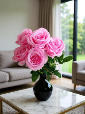 Anandani Artificial Pink Rose Flowers Bunch for Vase (5 Heads, Flower) Bonsai Wild Artificial Plant(20 cm, Pink)