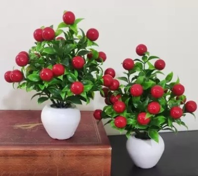 SIWOZ Set of 2 Red Cherry Table Flower top for home shop office decoration Bonsai Artificial Plant  with Pot(17 cm, Red, Green)