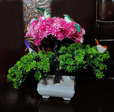 Artificial Pink & Green Flower Pots Bonsai with Birds (pack of 1) Bonsai Artificial Plant  with Pot(30 cm, Pink, Green)