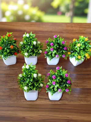 GudiyaEnt Artificial (Mehdi-Filler With Rose) Plants for Home Office Decor Bonsai Wild Artificial Plant with Pot(16 cm, Multicolor)