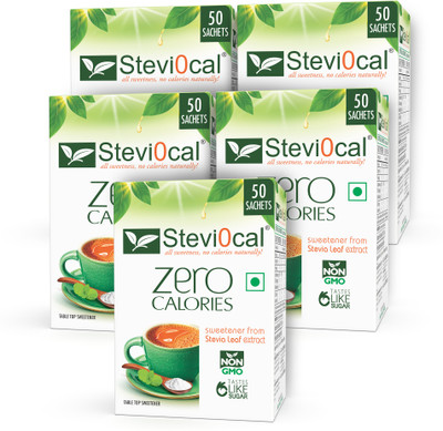 steviocal Zero calorie Stevia Extract - Naturally Sweet, 5 x 50 Sachets Sweetener(250 Sachet, Pack of 5)