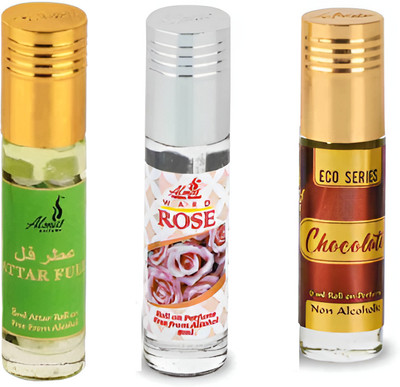 Almas Mogra, Rose, Chocolate Non-Alcoholic Attar (Combo Pack of 3, 6ml Each) -18ml Floral Attar(Mogra, Rose, Chocolate)