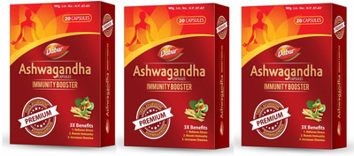 Dabur Ashwagandha Capsules Immunity Booster, Relieves stress & Increases Stamina(Pack of 3, 60 Capsules)