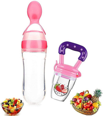 Vadhavan 90ML Newborn Baby Feeding Bottle Silicone Squeeze Feeding Spoon and Fruit feeder  - Silicone(Multicolor)