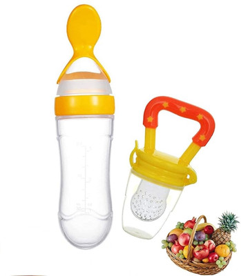 ravuk BPA Free Squeeze Style Bottle Feeder with Dispensing Spoon and Fruit Feeder  - Silicone(Yellow)