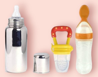 Saraswati kart Stainless Steel Baby Milk Feeding Bottle250ML 304 GRADE With Silicon Food Feeder - 250 ml(Yellow)