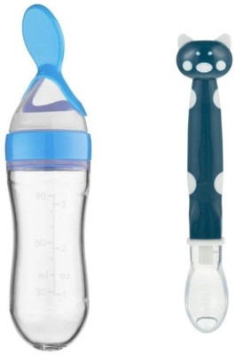 Magic Pebbles Baby Fruit Ultra Soft Food Feeding Bottle Silicone with Spoon - 90 ml(Blue)