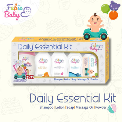 Fabie Baby Daily Essential Kit Powder + Lotion + Massage Oil + Shampoo + Soap,(Multicolor)