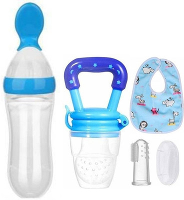 Saraswati kart Baby fruit nibbler, finger brush, bibs & spoon feeder for feeding silicone combo(Blue)