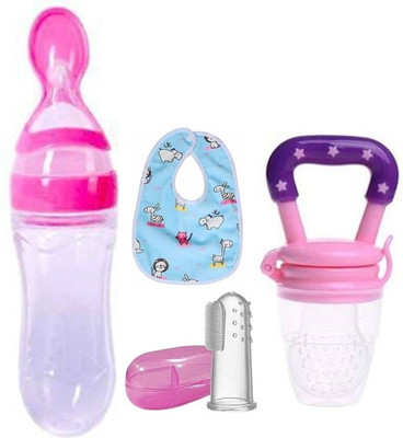 Saraswati kart Baby fruit nibbler, finger brush, bibs & spoon feeder for feeding silicone combo(Pink)