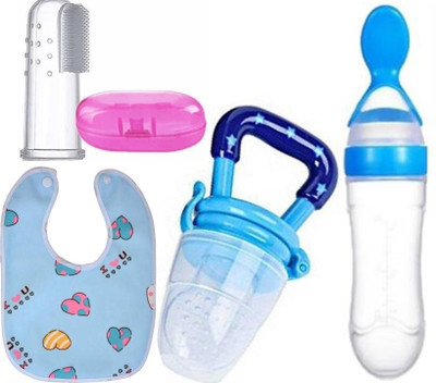 Saraswati kart Baby fruit nibbler, finger brush, bibs & spoon feeder for feeding silicone combo(Blue)