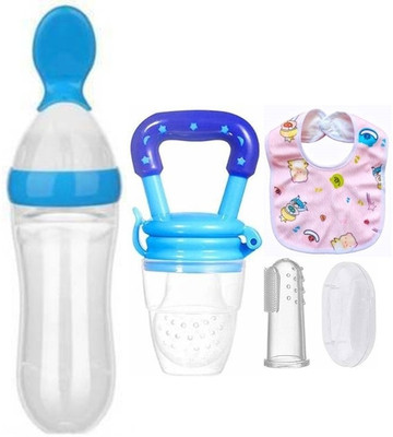 Saraswati kart Baby fruit nibbler, finger brush, bibs & spoon feeder for feeding silicone combo(Blue)