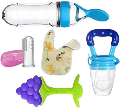 Saraswati kart Baby fruit nibbler, teether, finger brush, bib & spoon feeder for feedingTeether(Blue)