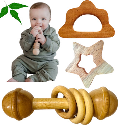 Shreeja Shilpcraft Natural Neem Made Rattles Set with Star and Cloud Shape Teether Rattle(Brown)