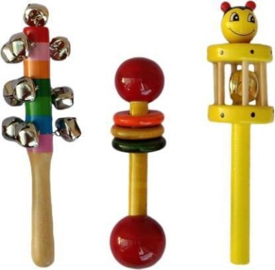 KAARPAAGAA INC Multi color set of 3 wooden baby rattles for new born babies to 2 year babies Rattle (Multicolor) Rattle(Multicolor)