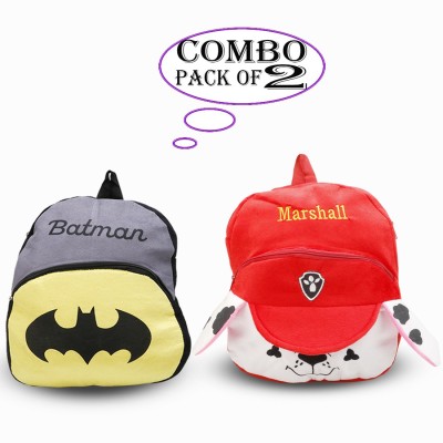 GIBI Kids School Bag Combo Soft Plush Batman & Marshall Cartoon Baby Boys/Girls Plush 14 L Backpack(Grey)