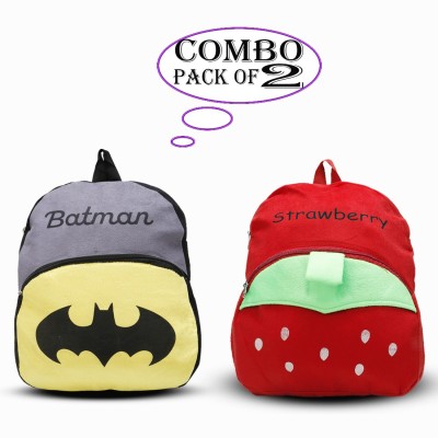 GIBI School Bag Batman & Strawberry Soft Cartoon Baby Boy/Girl Plush Bag(Pink 11 L) 14 L Backpack(Grey)