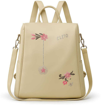 Cleto Trendy Flower Embroidered Stylish 12L Black Backpack 12 L Backpack(Beige)