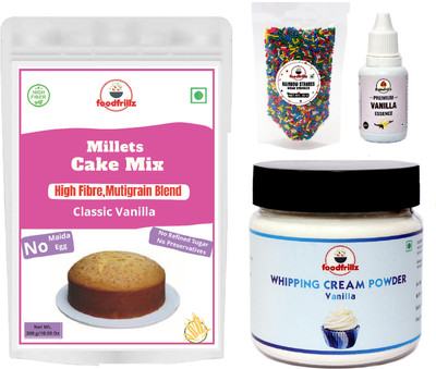 foodfrillz Millet Cake Mix(300 g)+WhipCream Pow(100 g)+Rainbow(50g)+Van Ess.(20 ml)-VANILLA Self Rising Flour Powder(4 x 117.5 g)