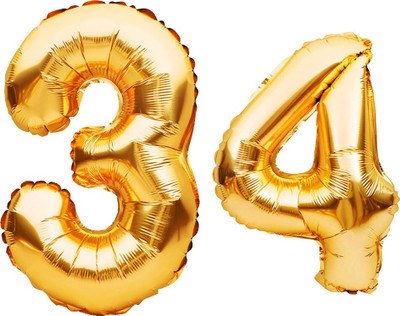 Tejal Trader Solid Birthday Numbers Solid Golden '34' Numerical Foil Balloon for Celebration Balloon(Gold, Pack of 2)
