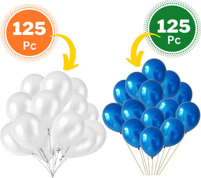 Bzore Solid Metallic Blue & White Ballons for Weddings, Birthdays (Pack of 250) Balloon(Blue, White, Pack of 250)