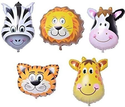 PARTY MIDLINKERZ Printed Animal Faces Set of 5 foil Balloon for Animal/Jungle Theme Decoration Balloon(Yellow, Pack of 5)