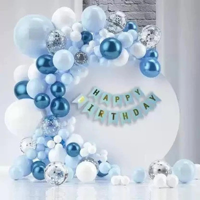 PARTY MIDLINKERZ Printed Blue White Pastel Birthday Decorations kit,Banner,Confetti,Chrome Balloons Balloon(Blue, White, Silver, Pack of 74)