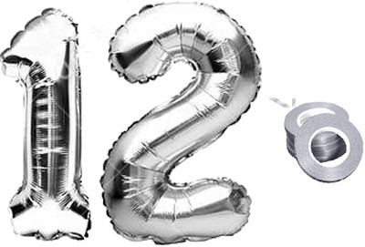 Tejal Trader Solid Birthday Numbers Solid Silver '12' Numerical Foil Balloon for Celebration Letter Balloon(Silver, Pack of 2)