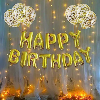 Tejal Trader Solid Golden Birthday Banner with Confetti Balloons and Led Light Balloon(Gold, Pack of 10)