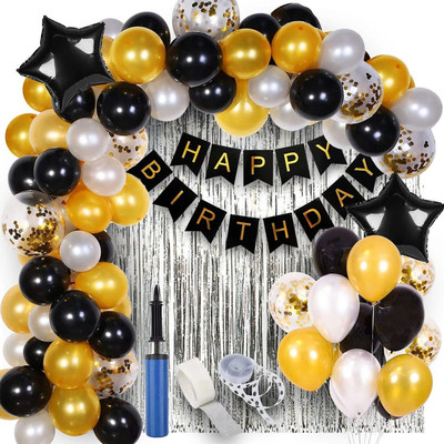 PARTY MIDLINKERZ Solid Happy Birthday decoration Kit items with Silver Curtain and Balloon Pump Balloon(Multicolor, Pack of 64)