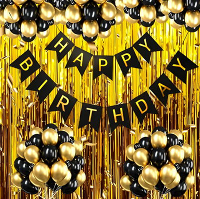 NASCOW Solid Happy Birthday Golden Banner Latex Metallic balloons for decoration Balloon(Black, Gold, Pack of 36)